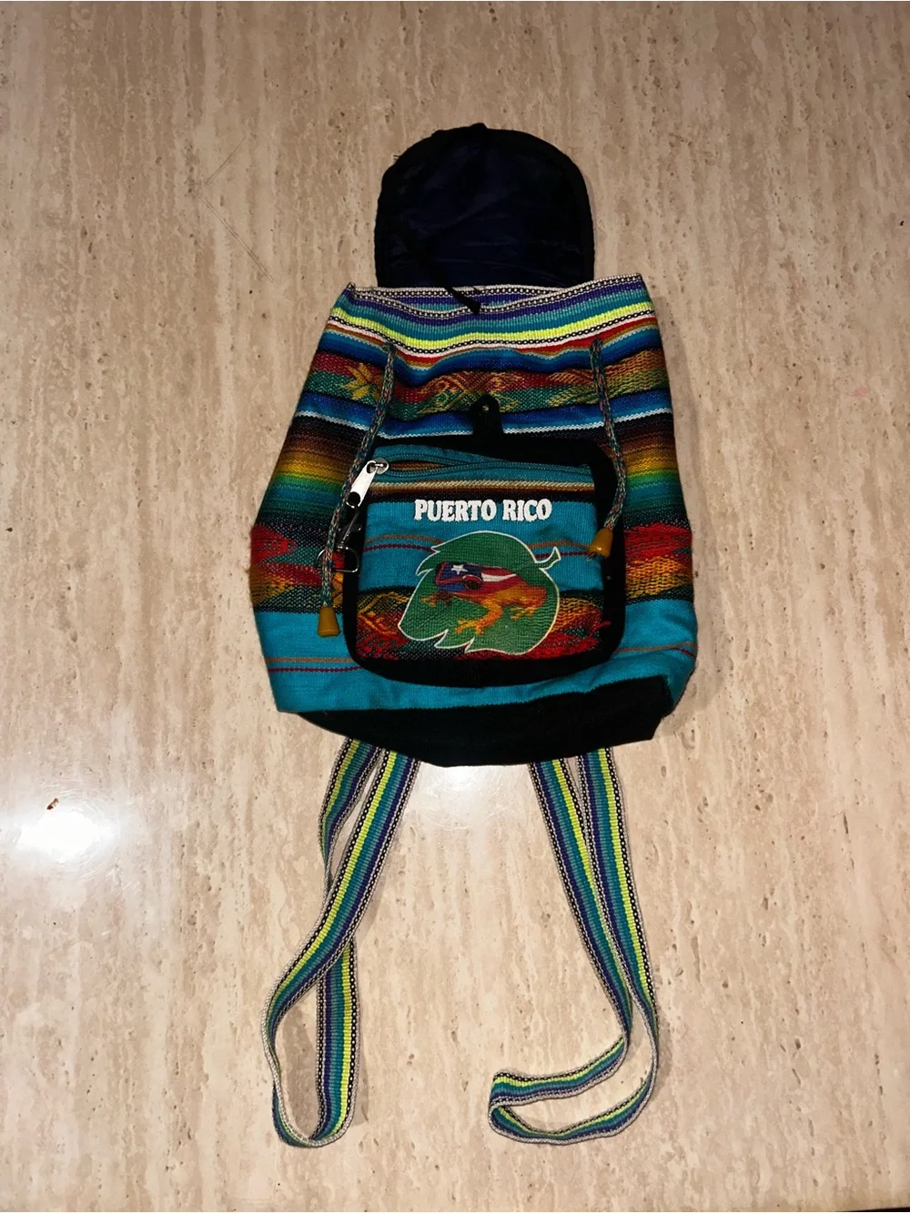 Handmade Puerto Rico Mini Backpack Coqui Frog Serape Drawstring Boho Bag